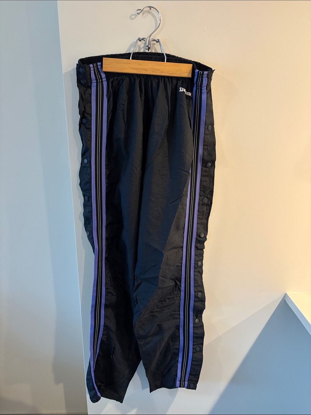 Snap-Button Spalding Black Track Pants with Purple Stripes